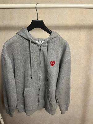 Grå hoodie Comme des Garçons Play - Grå hoodie från Comme des Garçons Play med dragkedja, huva och snörning. Framtill finns det ett rött hjärta med ögon, och på ryggen flera röda hjärtan samt logotyp. Tröjan har ribbade muddar och känguruficka. Perfekt för dig som gillar streetwear och snygga detaljer.