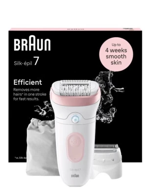 Braun epilator - Braun Silk-épil 7 epilator i vit och ljusrosa med tillbehör och förvaringspåse. Elektrisk hårborttagare som ger slät hud upp till 4 veckor. Ergonomisk design med utbytbara huvuden för olika användningsområden. Aldrig använt 