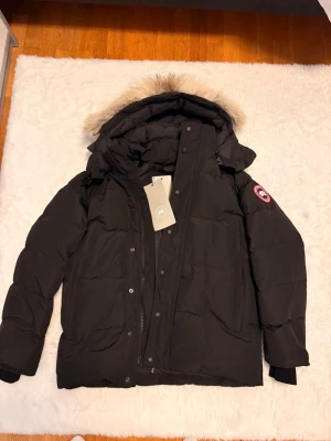 Svart dunjacka från Canada Goose - Säljer en svart dunjacka från Canada Goose med ikonisk patch på ärmen. Jackan har en fluffig pälsdetalj på huvan, dragkedja och knappar framtill samt långa ärmar. Perfekt för kalla vinterdagar och riktigt snygg streetstil.