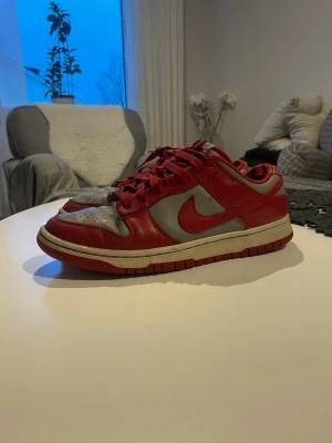 Nike Dunk Low röd/grå sneaker - Nike Dunk Low sneakers i rött och grått med klassisk swoosh på sidan. Skorna har snörning, perforerad tåbox och platt sula. Ovandelen är i skinn och innerfodret i textil. Perfekt för dig som gillar retrovibbar och streetwear.