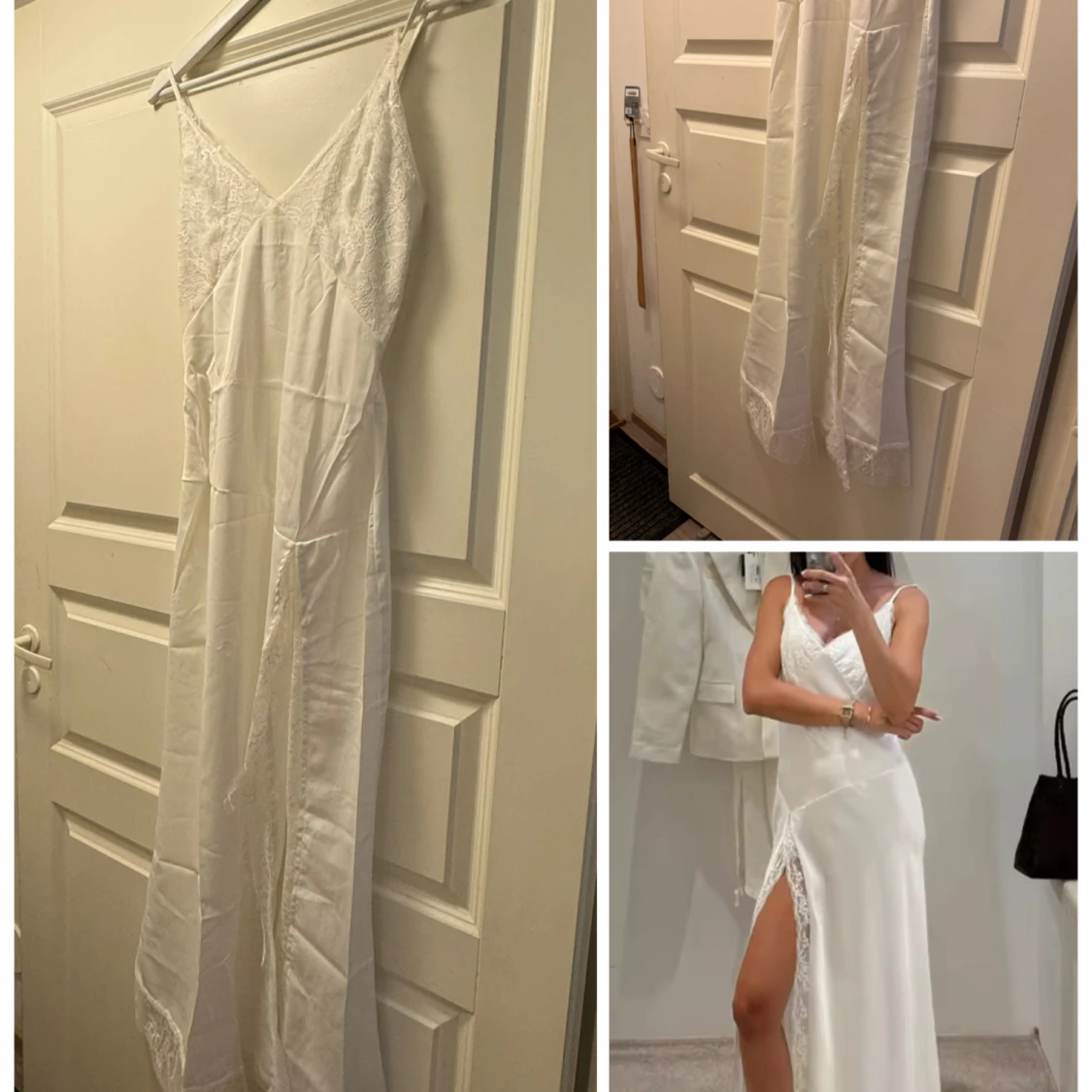 Vit långklänning med spets och slits S-M - 4