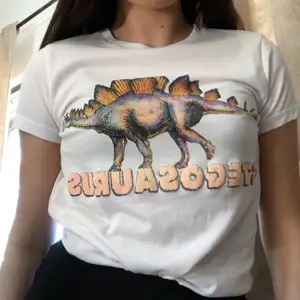 Vit t-shirt med tryck från BikBok, säljer då den är för liten för mig.... så knappt använd 🦖 Kolla gärna in resten i min profil 🌎  Pris går att diskuteras!  Köpare står för frakt  📦 (22kr) totalt- 62kr