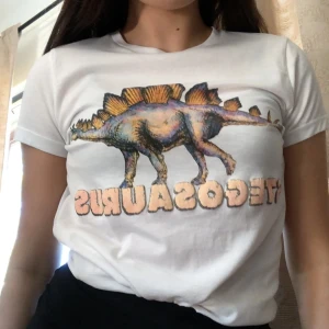Vit T-shirt med tryck  - Vit t-shirt med tryck från BikBok, säljer då den är för liten för mig.... så knappt använd 🦖 Kolla gärna in resten i min profil 🌎  Pris går att diskuteras!  Köpare står för frakt  📦 (22kr) totalt- 62kr