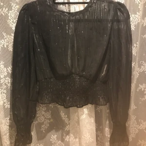 Glittrig topp - En glittrig snygg topp ifrån Bikbok! Den är lite kortare med resor i midjan, och har små puffärmar. Kontakta mig för fler bilder🎀💕 45kr + frakt