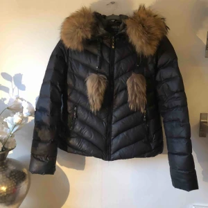  - Det är en hollies jacka har haft den ett tag men den är inte använd på länge. Är äkta päls på den och pälsen är i fint skick. Men de finns ett litet hål i ena är ärmen efter en busig liten valp men ser de på bild tre. 