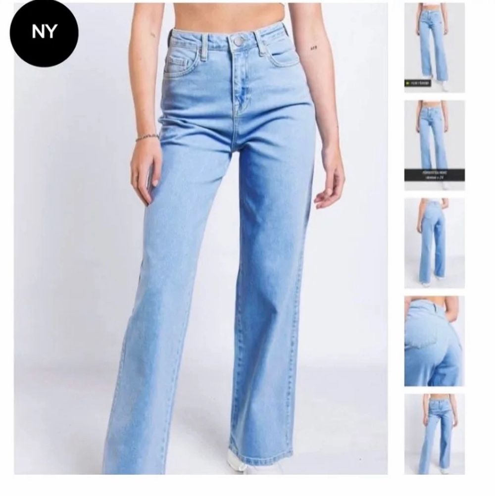 Ljusblåa jeans med hög midja, storlek 34, helt nya med tags kvar, skickas tillbaka om ingen vill köpa då de är för småa för mig, jätte stretchiga och sitter supersnyggt🥰🥰. Jeans & Byxor.