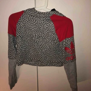  - Grå skitsnygg adidashoodie med röda och svarta detaljer. Logga på båda ärmarna. Barnstorlek 140. Aningen croppad