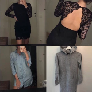 Klänningar - Svart spetsklänning med ryggdetalj- S, jeansklänning- 36, hoodieklänning- S. 30kr/styck då jag vill bli av med allt snabbt. Köparen står för frakt/ kan hämtas i Upplands Väsby. 